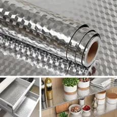 Papel de parede 3D alumínio adesivo impermeável anti óleo para armário Cozinha e protetor de fogão Brilhante 5M x 60cm