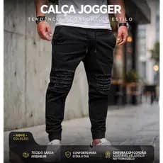 Calça Jogger Preta Rasgada com Punho Elástico e Estilo Slim, Sarja Premium, Moda Masculina