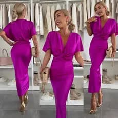 Vestido de cetim com detalhe torcido no peito, mangas morcego, estilo solto para férias, INS 2026 8RCG