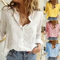 Camisas e Blusas Femininas de Linho e Algodão Brancas para Férias na Praia, Cor Sólida Casual DLXV