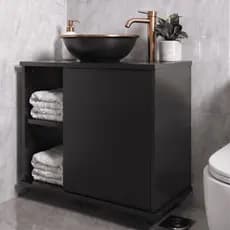 Gabinete Suspenso Banheiro c/ Cuba Preta Cobre Sobrepor 2 Nichos 1 Porta Moderno Cor Preto Blue Moby