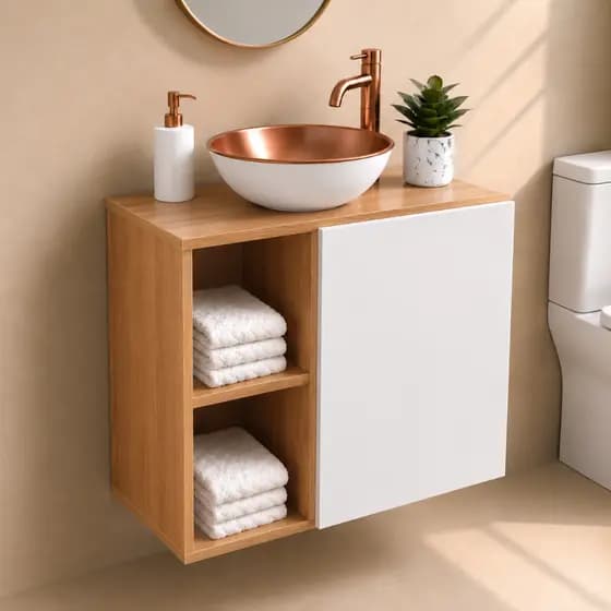 Gabinete Suspenso 2 Nichos 1 Porta c/ Cuba Branca Cobre Sobrepor Banheiro Blue Moby - Branco Nature