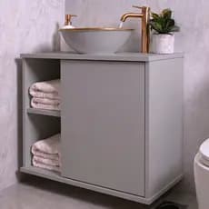Gabinete Suspenso c/ Cuba Cinza Cobre Sobrepor Banheiro Moderno 2 Nichos 1 Porta Cinza - Blue Moby
