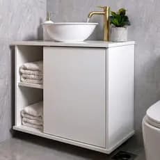 Gabinete Suspenso c/ Cuba Branca de Sobrepor Banheiro Moderno 2 Nichos 1 Porta Branco - Blue Moby