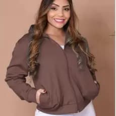Casaco Feminino Confortável em Moletom Poliéster,liso com capuz,zíper frontal e bolsos laterais