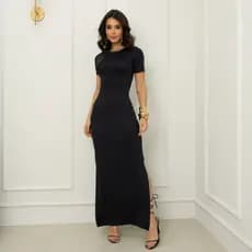Vestido Feminino Longo Manga Curta Elegante Fenda Lateral Justinho