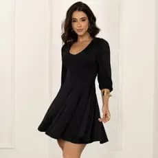 Vestido Feminino Curto Elegante Manga Bufante Rodado Decote V