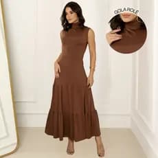 Vestido Regata Gola Alta Cavado Longo Confortável Elegante Gola Rolê
