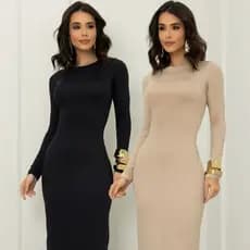 Kit 2 Vestido Longo Manga Longa Fenda Lateral Elegante Noite Tubinho Suplex