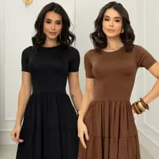 Kit 2 Vestidos Midi Rodado Três Marias Manga Curta Delicado Casual
