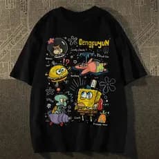 Camiseta Branca Unisex, Design Personagens de Bob Esponja Estiloso Texto "Dengfuyun"  Premium