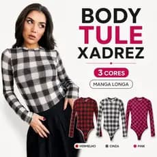 Body Feminino de Tule Xadrez Quadriculado Manga Longa Transparente Segunda Pele Tam Único PP ao M 34-38