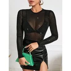 Body Tule Lurex Preto – Manga Longa, Transparente com Brilho, Segunda Pele Super Elástica – Veste P ao GG