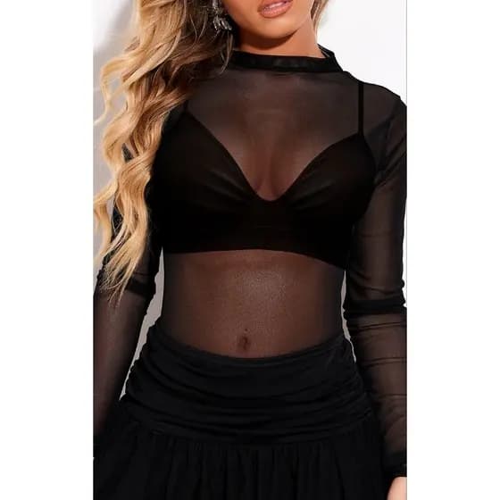 Tule Preto Liso Feminino – Segunda Pele Transparente, Super Elástico, Manga Longa – Tam. Único PP ao M 34-38