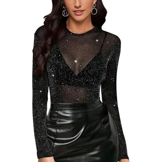 Body Brilho Lurex em Tule – Manga Longa, Transparência Chic, Super Elástico – Veste do P ao GG (36–46)