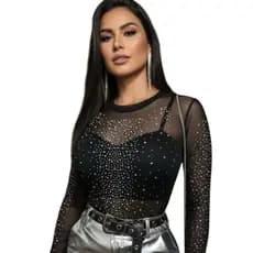 Body de Tule Preto com Pedraria Strass | Manga Longa Transparente | Luxo & Brilho | Tam Único PP ao M 34-38