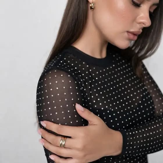 Body Tule Preto com Strass – Manga Longa, Brilho Elegante, Segunda Pele Transparente – Tam Único PP ao M 34-38