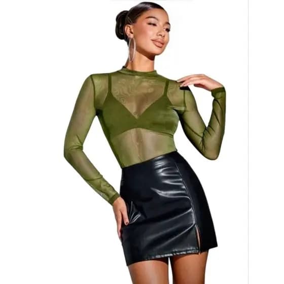 Body Tule Verde Oliva (Verde Militar) Manga Longa, Transparente Segunda Pele | Tamanho Único PP ao M 34-38