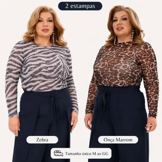 Blusa Tule Animal Print Manga Longa Transparente Único M ao GG