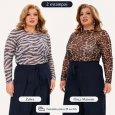 Blusa Tule Animal Print Manga Longa Transparente Único M ao GG
