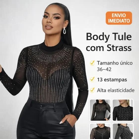 Body Feminino Tule Preto Manga Longa com Strass 13 Estampas Variadas Segunda Pele Tam Único