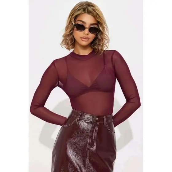 Body Tule Liso Bordô/Marsala (Vinho) – Manga Longa, Transparência Fina e Elasticidade 360° – Tam Único PP ao M 34-38