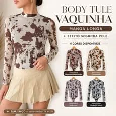 Body Tule Vaquinha Animal Print Manga Longa Transparente Segunda Pele Moda Blogueira Tam Único PP ao M 34-38