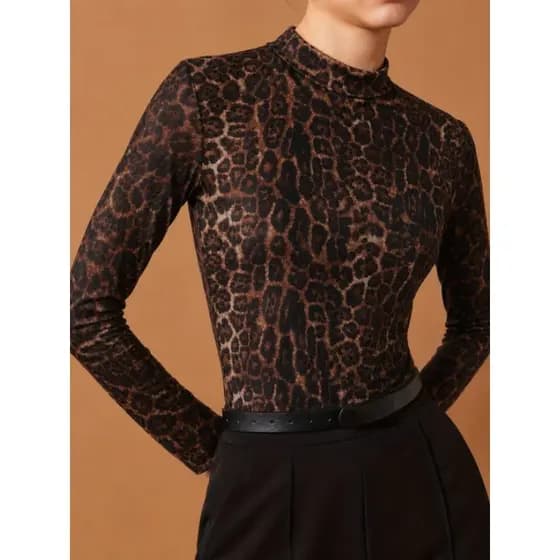 Body Tule Onça Clássica – Transparência Elegante, Manga Longa, Modelagem Ajustada – Tam Único PP ao M 34-38