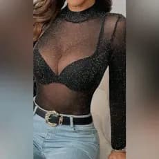 Body Tule Lurex Feminino – Brilho Elegante, Manga Longa, Segunda Pele – Tamanho Único (veste P ao GG)