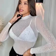 Body Tule Branco com Pedraria/Strass – Feminino, Manga Longa, Segunda Pele Transparente, Tam Único PP ao M 34-38