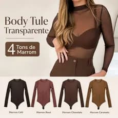 Body Tule Transparente Manga Longa Marrom | 5 Tons de Marrom