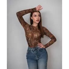 Body Tule Marmorizado Feminino Manga Longa Transparente | Modelagem Justa e Estilosa