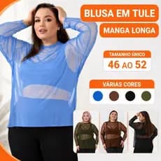 Blusa Feminina Tule Transparente Manga Longa Plus Size  Tam Único GG