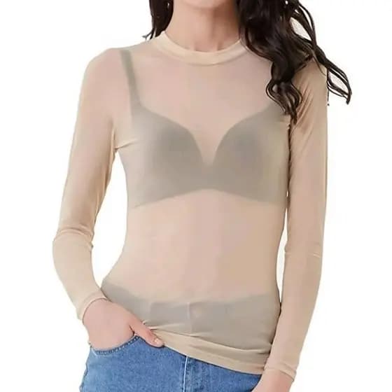 Blusa Tule Transparente Manga Longa Bege Nude P/M/G e GG