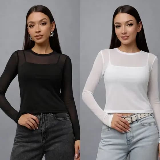 Blusa de Tule Transparente Manga Longa (Preta ou Branca) | Efeito Segunda Pele | Tam Único 36-42 Alta Elasticidade