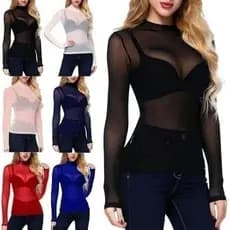 Blusa Segunda Pele Tule Transparente Manga Longa Meia Gola Feminina Várias Cores