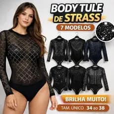 Body Tule Preto Transparente com Strass Manga Longa Segunda Pele 9 Modelos Brilho Festa Balada Tam Único PP ao M 34-38