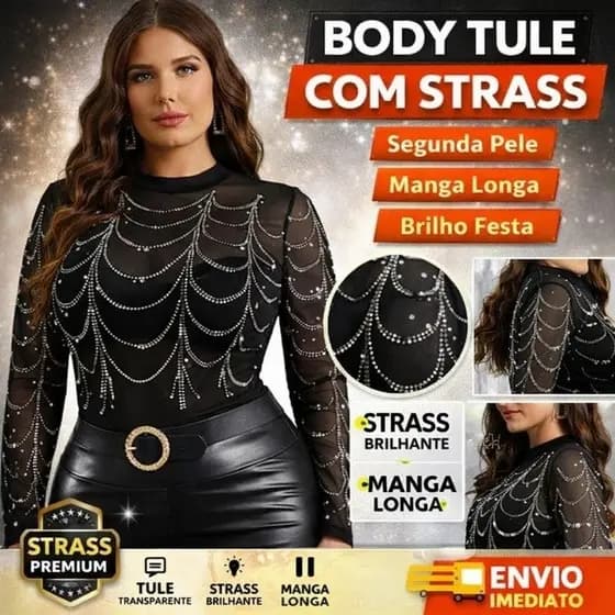 Body Tule Preto Transparente Strass Cascata Correntes Manga Longa Segunda Pele Brilho Festa Tam Único PP ao M 34-38