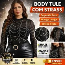 Body Tule Preto Transparente Strass Cascata Correntes Manga Longa Segunda Pele Brilho Festa Tam Único PP ao M 34-38