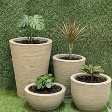 Kit 4 Vasos Texturizados Planta Flor Polietileno Coluna Redonda N1 N2+ Bojo N1+Bacia N1 com Prato