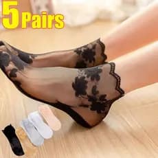 5 pares de meias femininas Lolita finas e invisíveis de renda, meias femininas vazadas, meias transparentes rasas antide