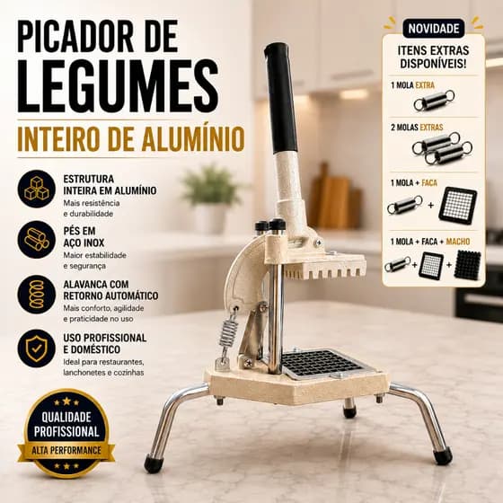 Picador de Legumes Profissional Inteiro em Alumínio Pés em Aço Inox Corta Batata Palito e Cubos