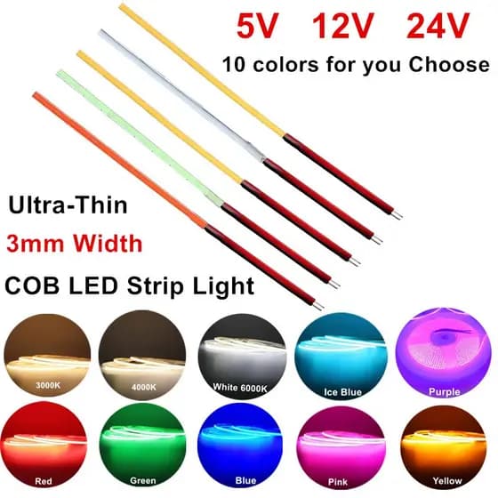 Luz De Tira LED COB De 3 Mm De Largura 12V 24V 400LEDs/m Lâmpada De Fita Fina Urtra Para Decoração De Motocicleta De Cam