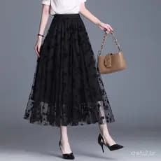 Saia Cintura Tule Para Alta Mid-Calf Longo De Floral Feminina Saias Malha Plissada
