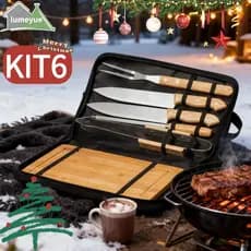 Kit 6 de Ferramentas para Churrasco (Aço Inoxidável com Cabo de Madeira)