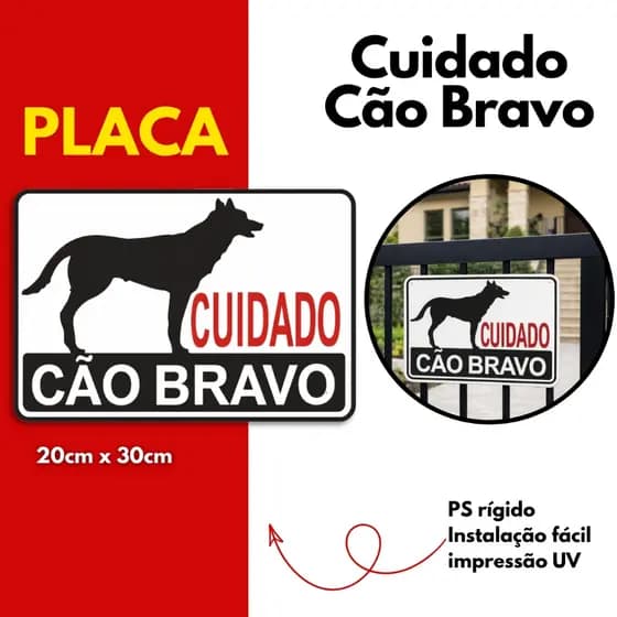 Placa Cuidado Cão Bravo 20x30 Sinalização PS Rígido UV