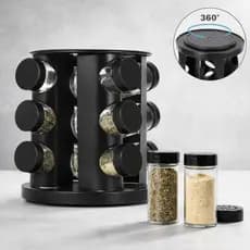 Porta Tempero Giratorio Preto Com 6/9 Potes Vidro Reforçado Premium
