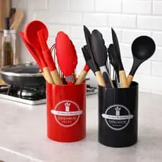 Kit Utensílios Cozinha Cores Sortidas Silicone Cabo Madeira 7 Peças Antiaderente Resistente