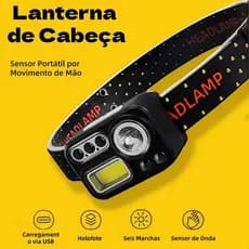 LANTERNA DE CABEÇA com SENSOR | Vários Luzes | Leve e Portátil | Longa Autonomia | Headband Ajustável | Cabo Incluso