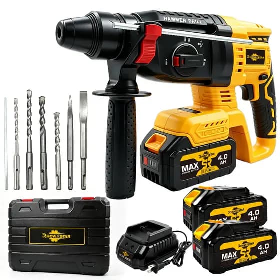 Martelo Perfurador Sem Fio 20V, Furadeira De Impacto, Motor Brushless, 2 Baterias De 4.0AH, Com Maleta De Ferramentas